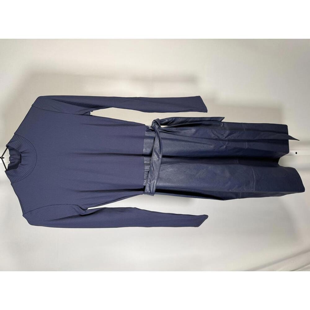 Colleen Lopez Ribbed Knit and Faux Leather Belted Dress Navy Size XXS - Picture 2 of 5